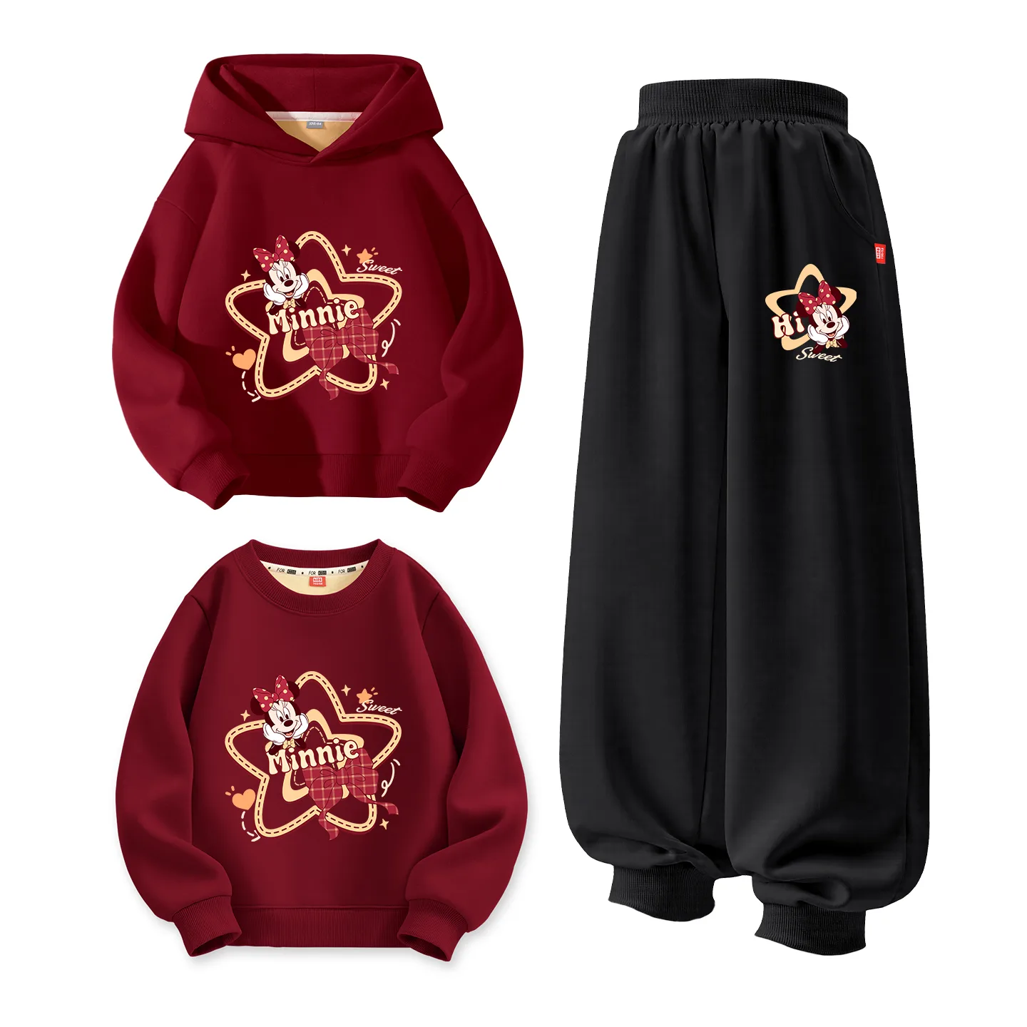 Детская повседневная спортивная одежда Disney, [Thickened and Fleece-Lined]Dixinringni Burgundy+Dixinringni Black+Dixinringni Burgundy