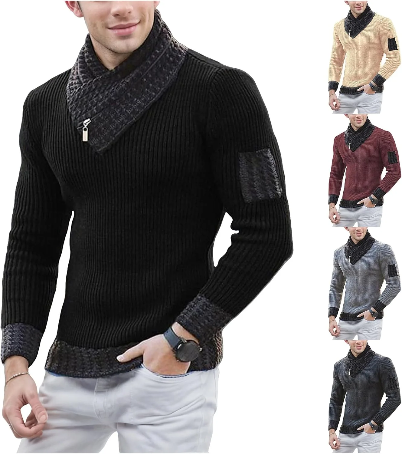 

Мужской свитер с воротником-шарфом, длинный рукав, текстурированный Thatrich