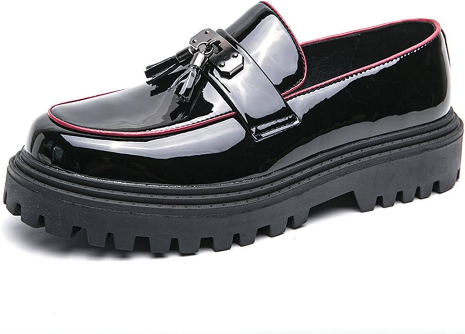 

Мужские лоферы на толстой подошве из лакированной кожи с металлическим декором, слипоны с ребристой подошвой, деловые туфли, повседневные нескользящие амортизирующие обувь Qooel, черный/красный