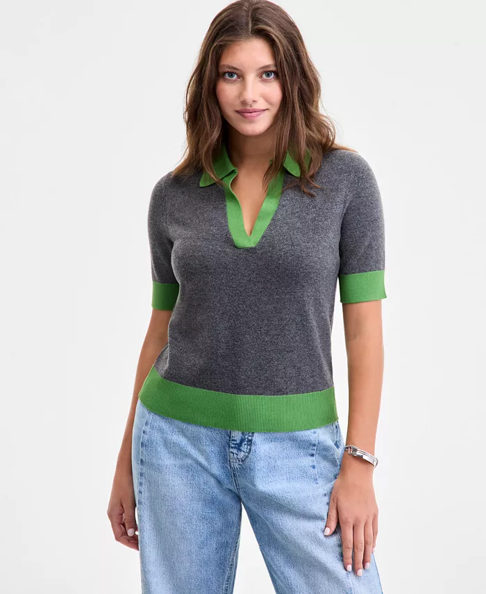 

Женский свитер-поло с короткими рукавами в стиле колорблок, размеры XXS-3X On 34Th