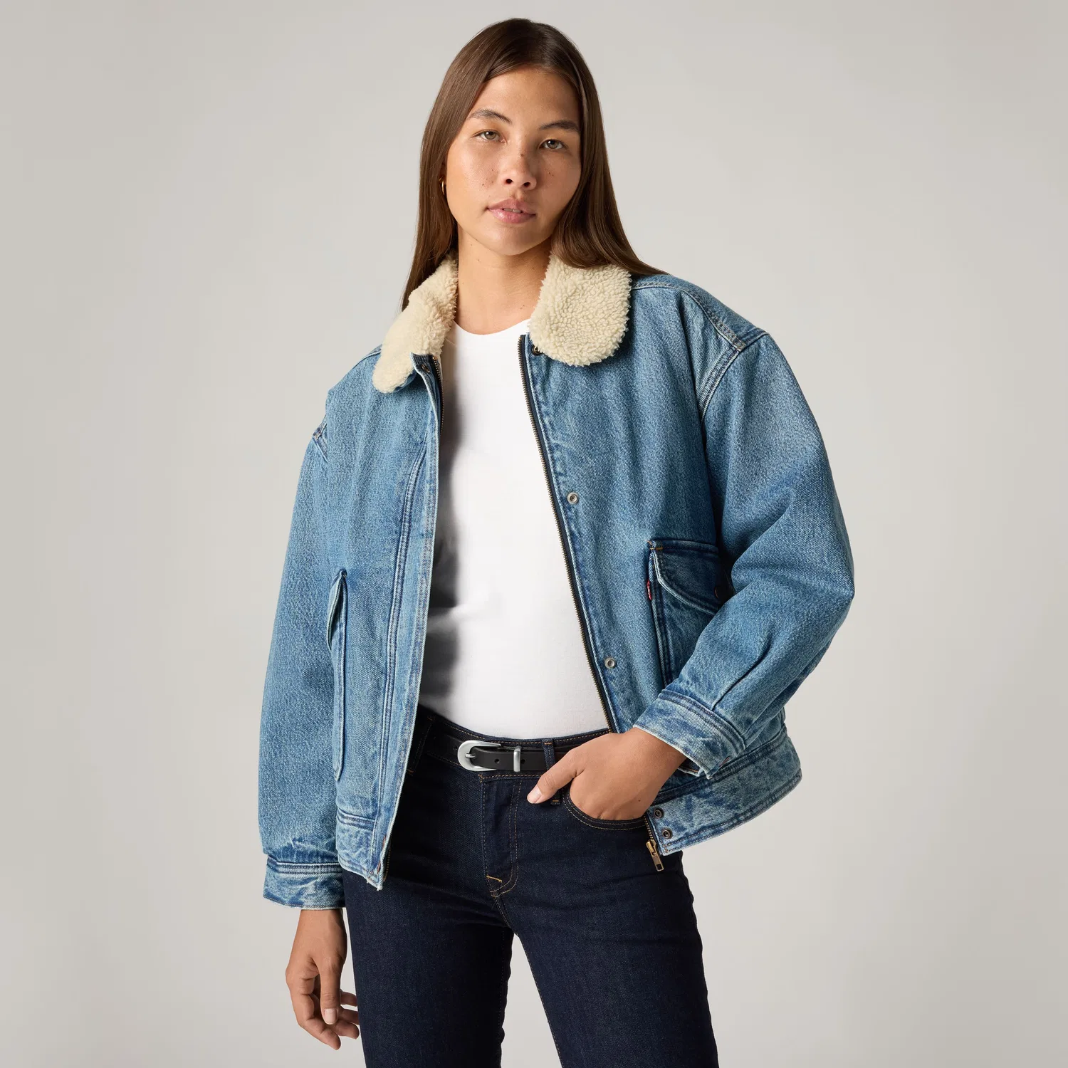 Повседневная куртка-бомбер с воротником из искусственной овчины Levi's, Light Wash