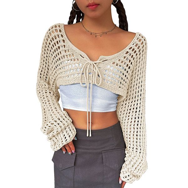 

Женский длинный кардиган с кружевной отделкой и завязкой спереди Maxxis Merch, Beige