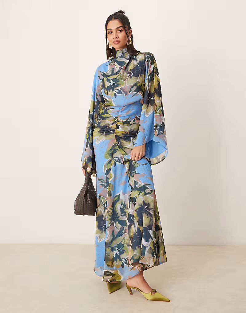 

Платье макси ASOS DESIGN с объемными рукавами, юбкой со сборками и синим цветочным принтом