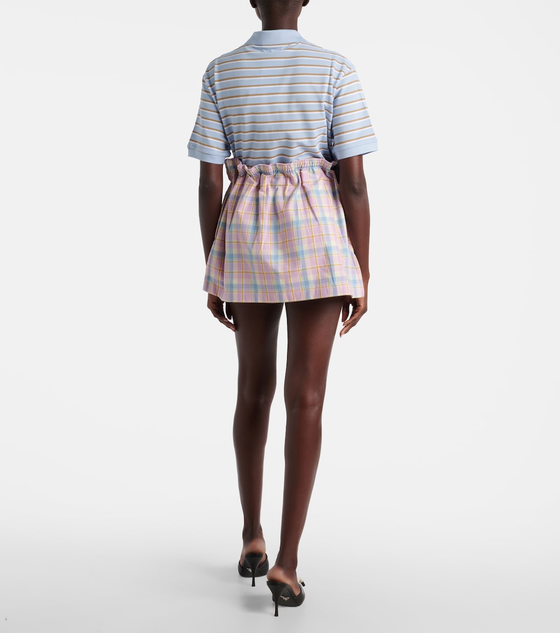 Мини-юбка из хлопка в клетку и сборку Prada, розовый — фото 3