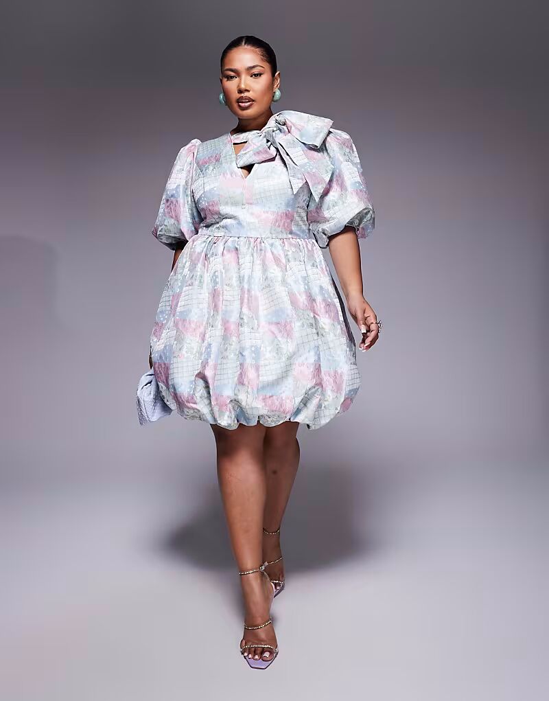 

Мини-платье ASOS LUXE Curve с жаккардовым принтом в стиле пэчворк, рукавами-фонариками и бантом