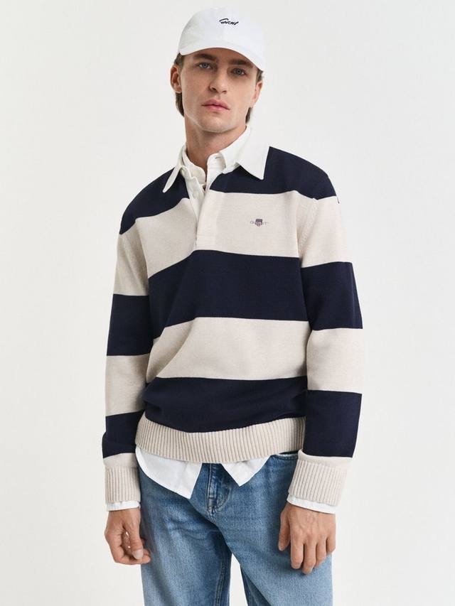 

Хлопковая поло с длинным рукавом и классическим кроем в полоску GANT, Evening Blue