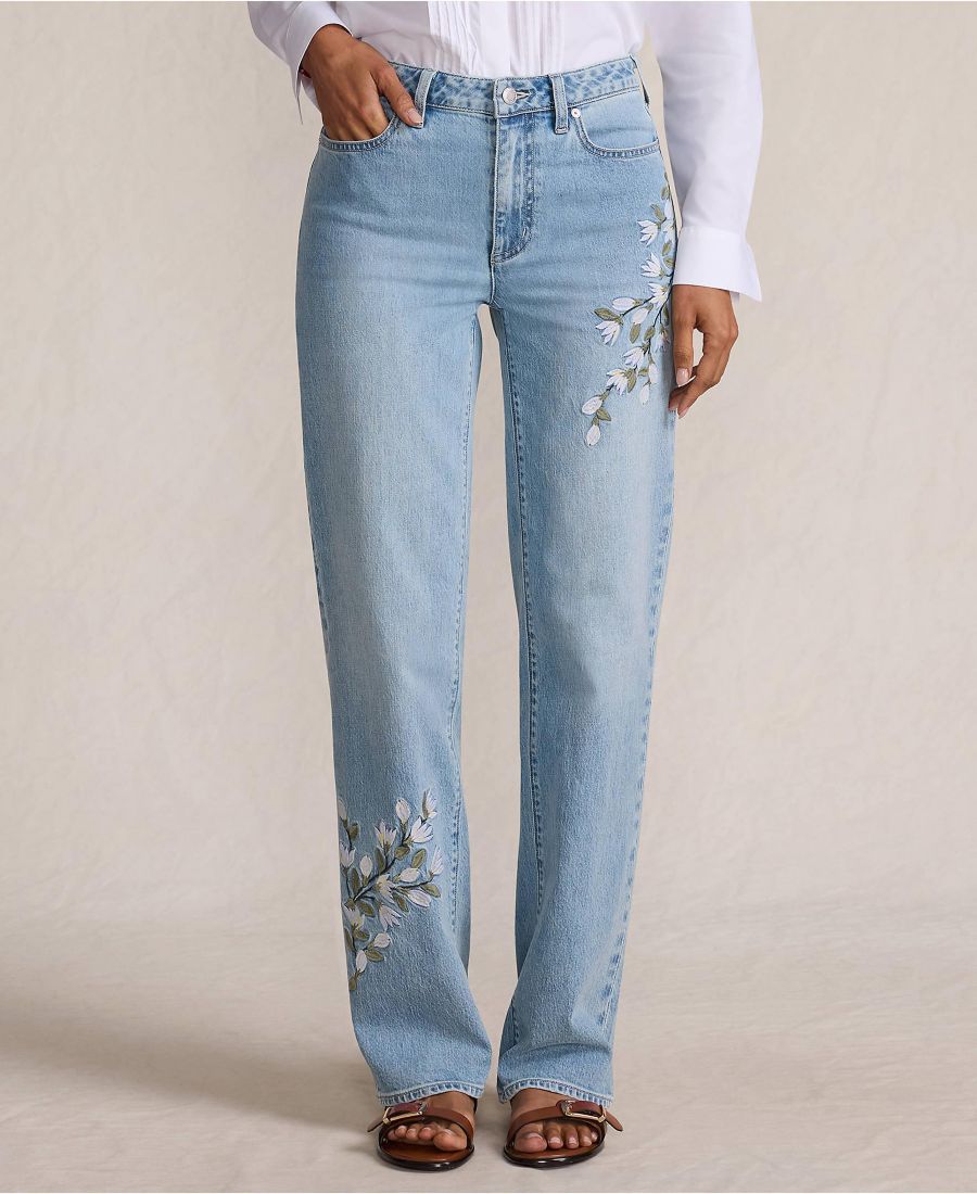 

Женские джинсы из мягкого денима, средней посадки, свободного кроя, прямого кроя, с вышивкой Lands' End, Embroidered lake blue wash