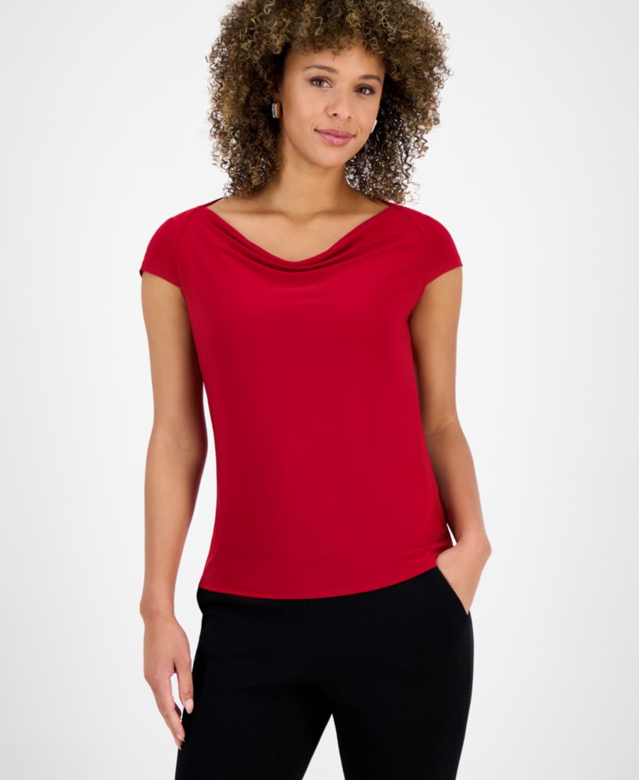 

Женская блузка с воротником-хомутом и короткими рукавами, стандартный и укороченный размеры Kasper, Fire Red