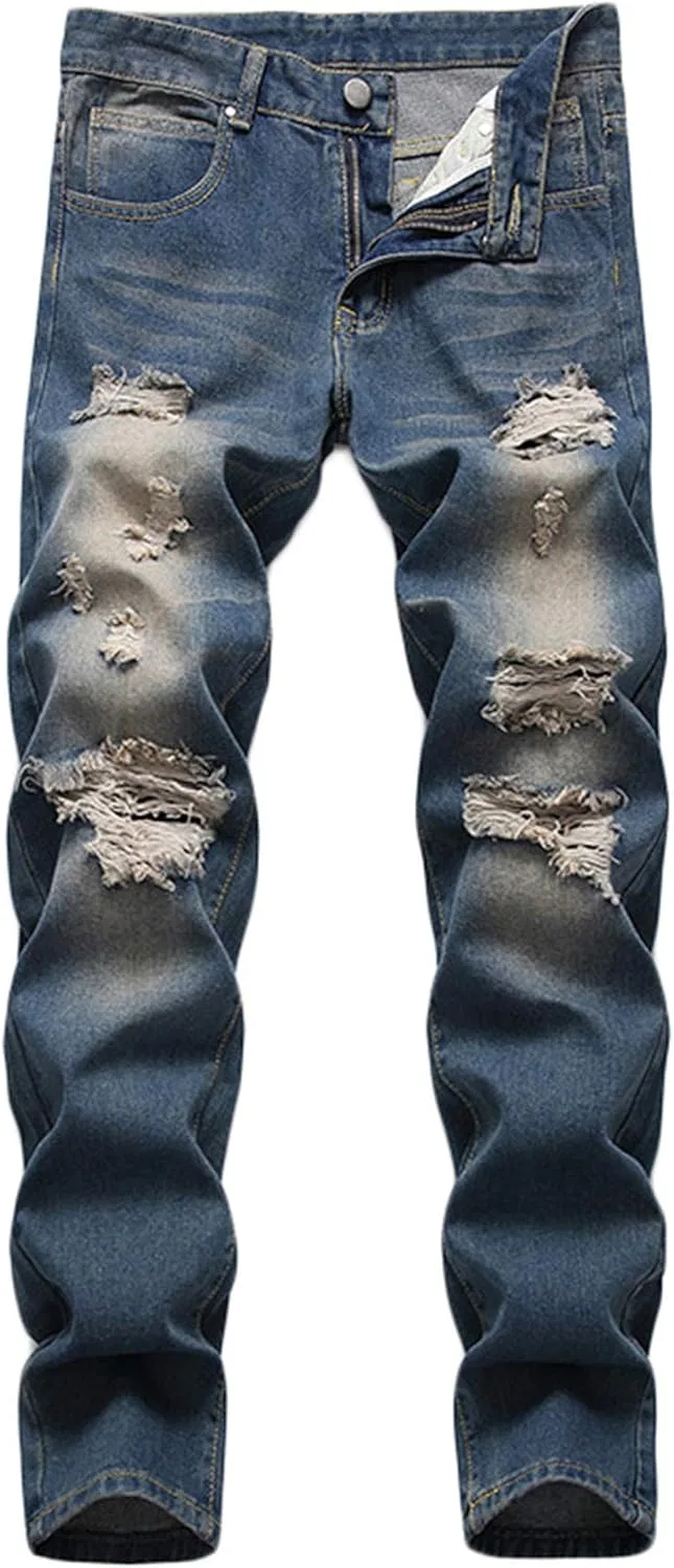 Джинсы прямые потертые синие