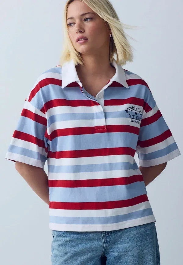 Футболка поло Next, Regular fit short sleeve striped rugby polo shirt, красный синий белый