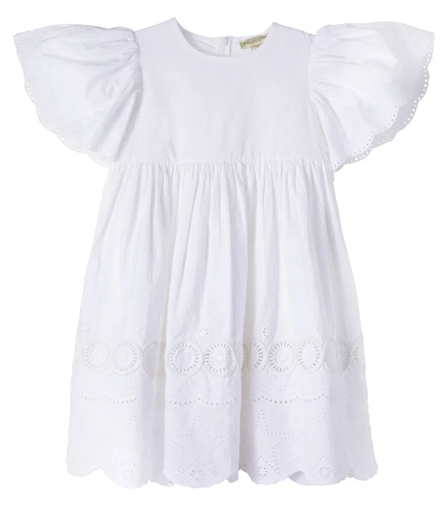 Платье из хлопкового поплина с вышивкой и оборками Stella McCartney Kids, белый