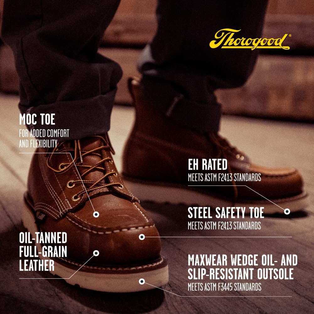 Ботинки Thorogood American Heritage с стальным носком 6 для мужчин - из цельнозернистой кожи с Мок-Тоу, противоскользящей подошвой клиновидной формы и комфортной стелькой; сертифицированы по стандарту EH, Tobacco Oil-tanned — фото 4