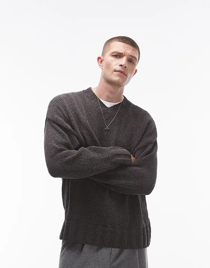 

Джемпер из синели с v-образным вырезом в угольно-угольном цвете Topman