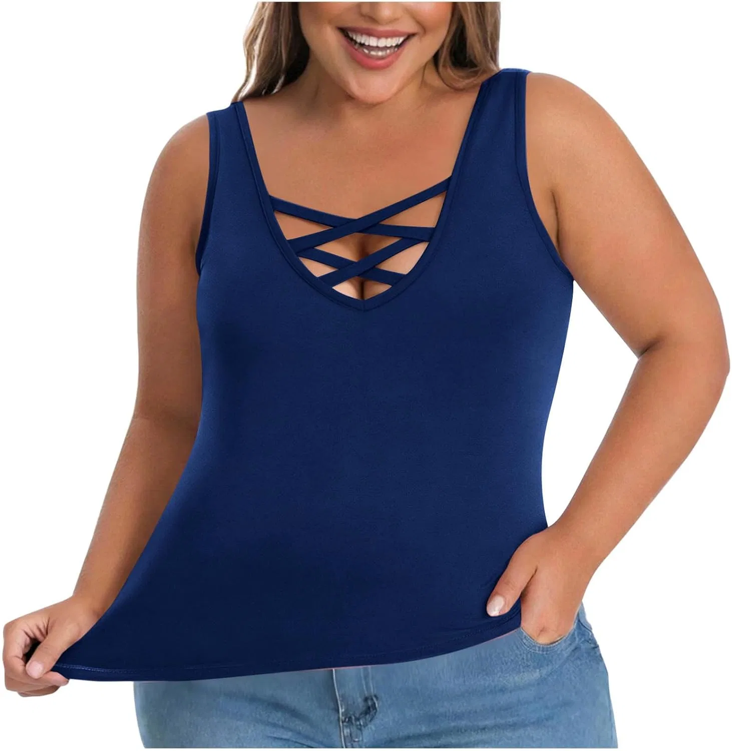 Топ-майка женская с встроенным бюстгальтером, Plus Size, Blue — фото 2