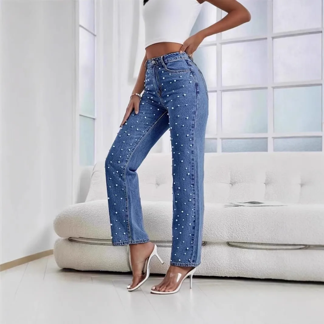 Женские джинсы Mid Waisted Wide Leg с прямым свободным кроем, потертые, с бисером — фото 2