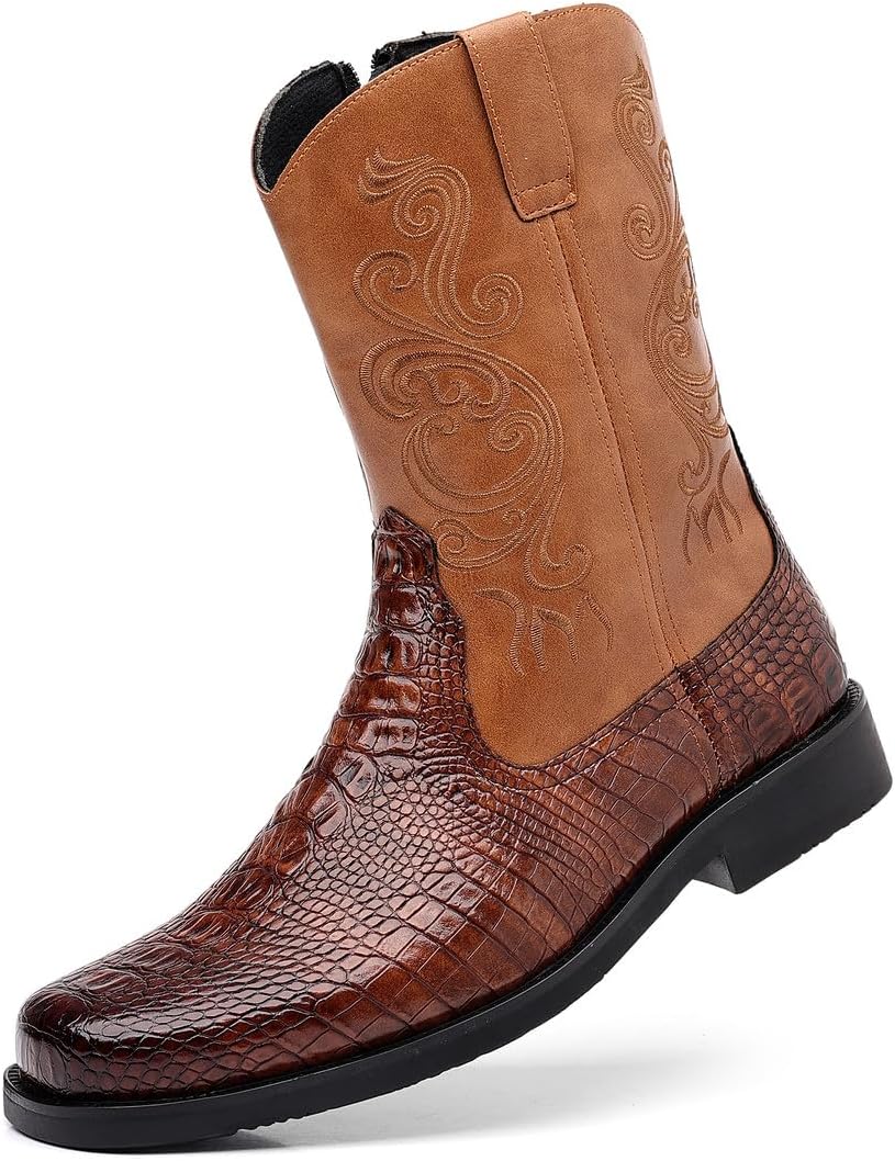 

Мужские ковбойские сапоги Santimon из крокодиловой кожи, боковая молния, средняя голень, широкий квадратный носок, коричневый