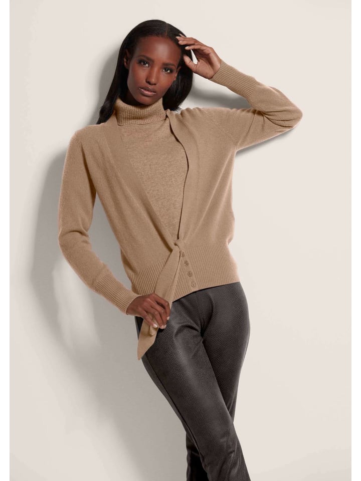 

MADELEINE Кашемировый кардиган с глубоким V-образным вырезом и поясом карамельного цвета