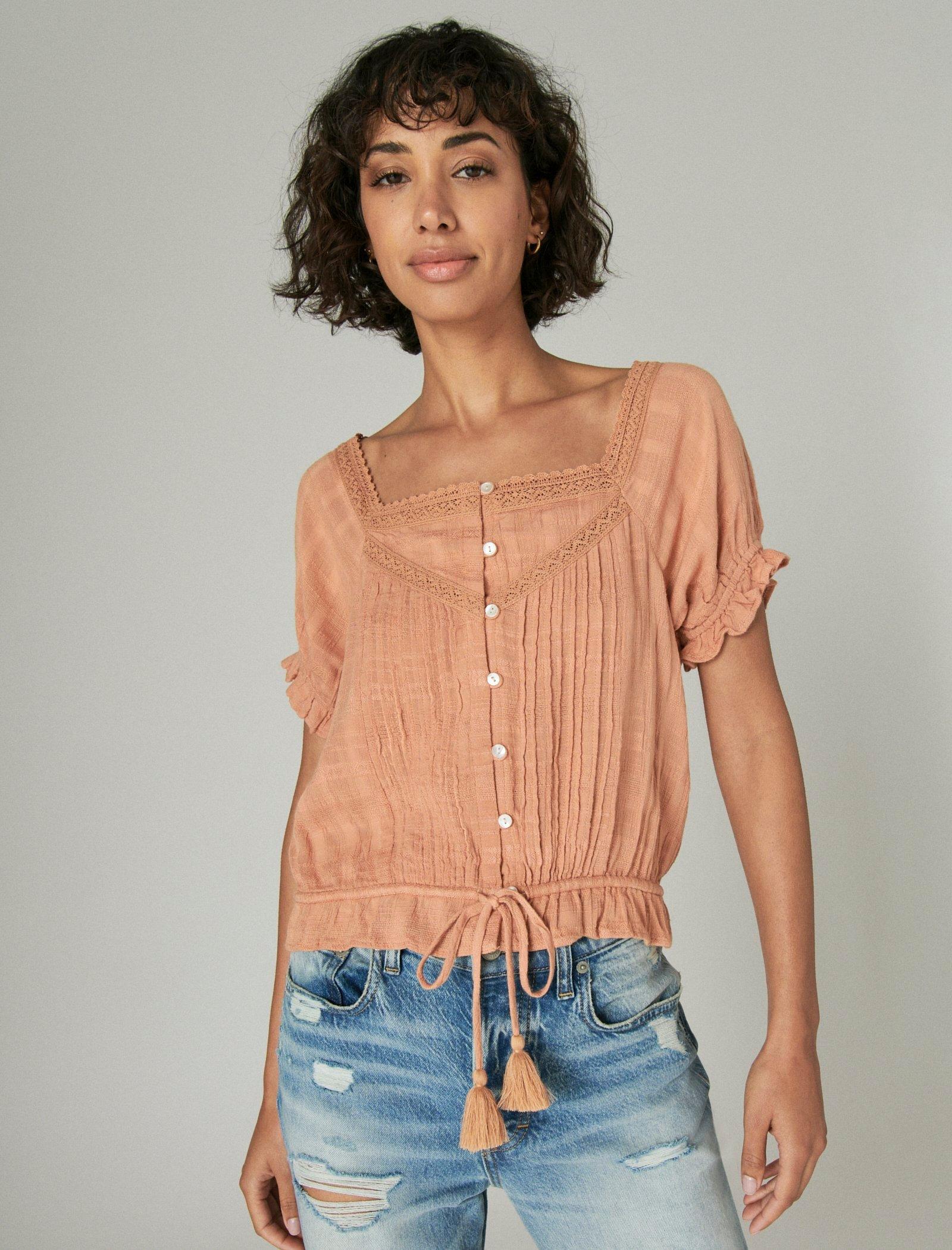 

Женский топ Lucky Brand с короткими рукавами в крестьянском стиле, цвет medium dark blue