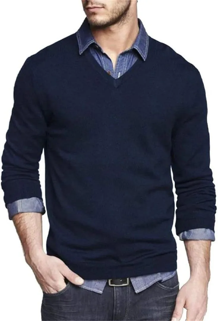Мужской свитер V-образным вырезом Slim Fit легкий вязаный пуловер с длинными рукавами для бизнес-кэжуал — фото 4