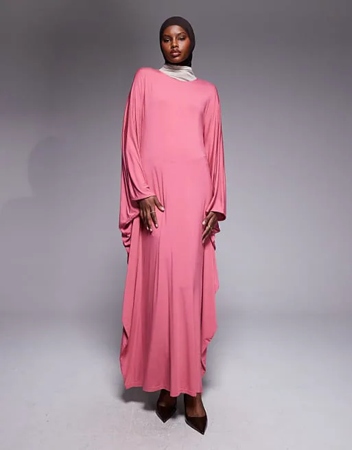 

Розовое трикотажное платье-кафтан с широкими рукавами iyal