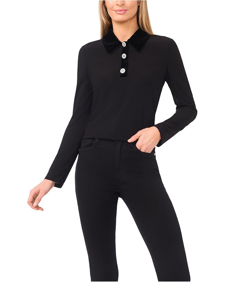 

Женский топ CeCe Mixed Media 1/2 Placket Collared Knit, Rich Black