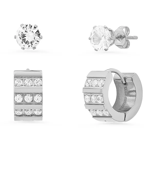 

Женский комплект из 2 предметов: серьги-гвоздики или серьги-хаги из нержавеющей стали с имитацией бриллиантов Steeltime, silver-tone