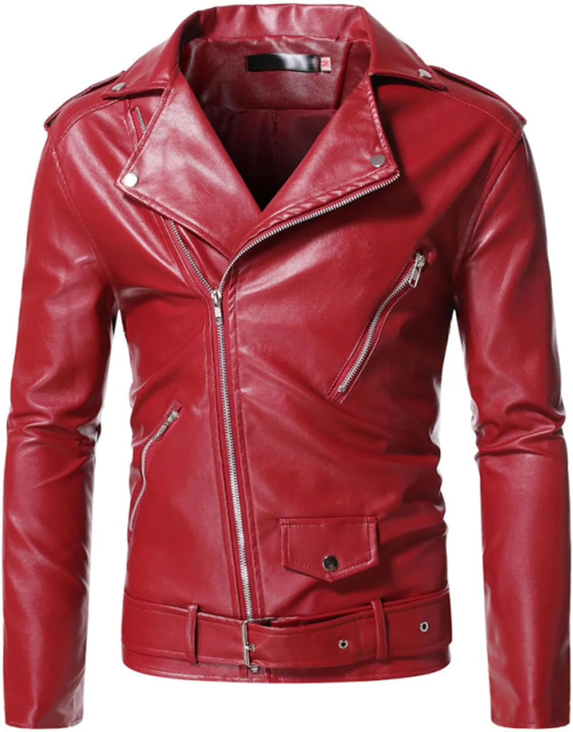 Кожаная куртка мужская Faux Bomber Punk Motorcycle с лацканом, асимметричной молнией и поясом Generic, красный
