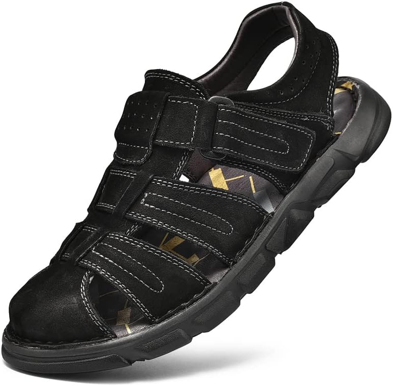 

Мужские кожаные спортивные сандалии Mecolop с закрытым носком, регулируемые, для прогулок на улице, сандалии-рыбацкие, черный