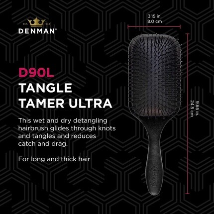 D90L Расческа Tangle Tamer Ultra для длинных и сильных волос с нейлоновой щетиной — черный, Denman — фото 2
