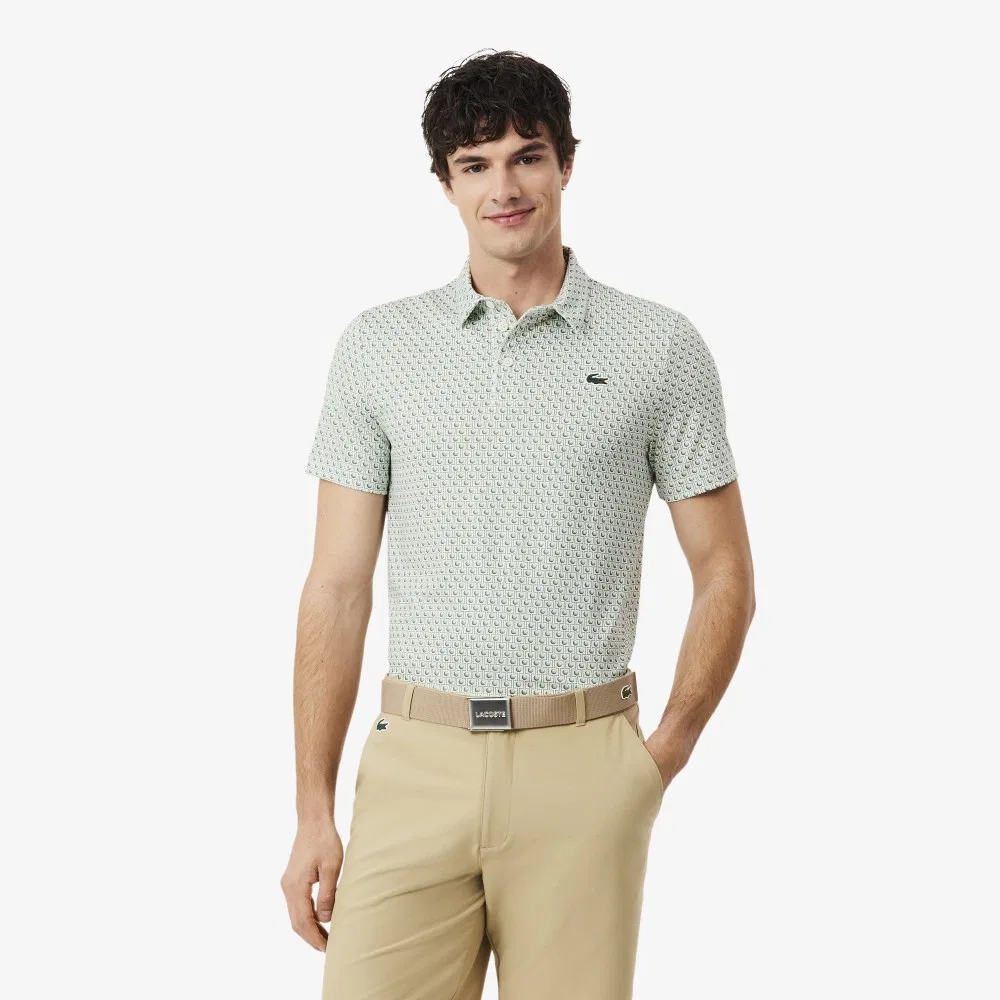 Поло-рубашка Lacoste мужская для гольфа с принтом, белый с зелёным