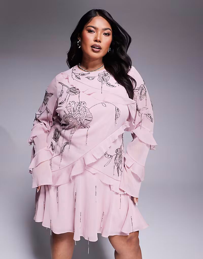 

Мини-платье ASOS DESIGN Curve с необработанными краями, оборками и открытой спиной в темно-розовом цвете ASOS Curve