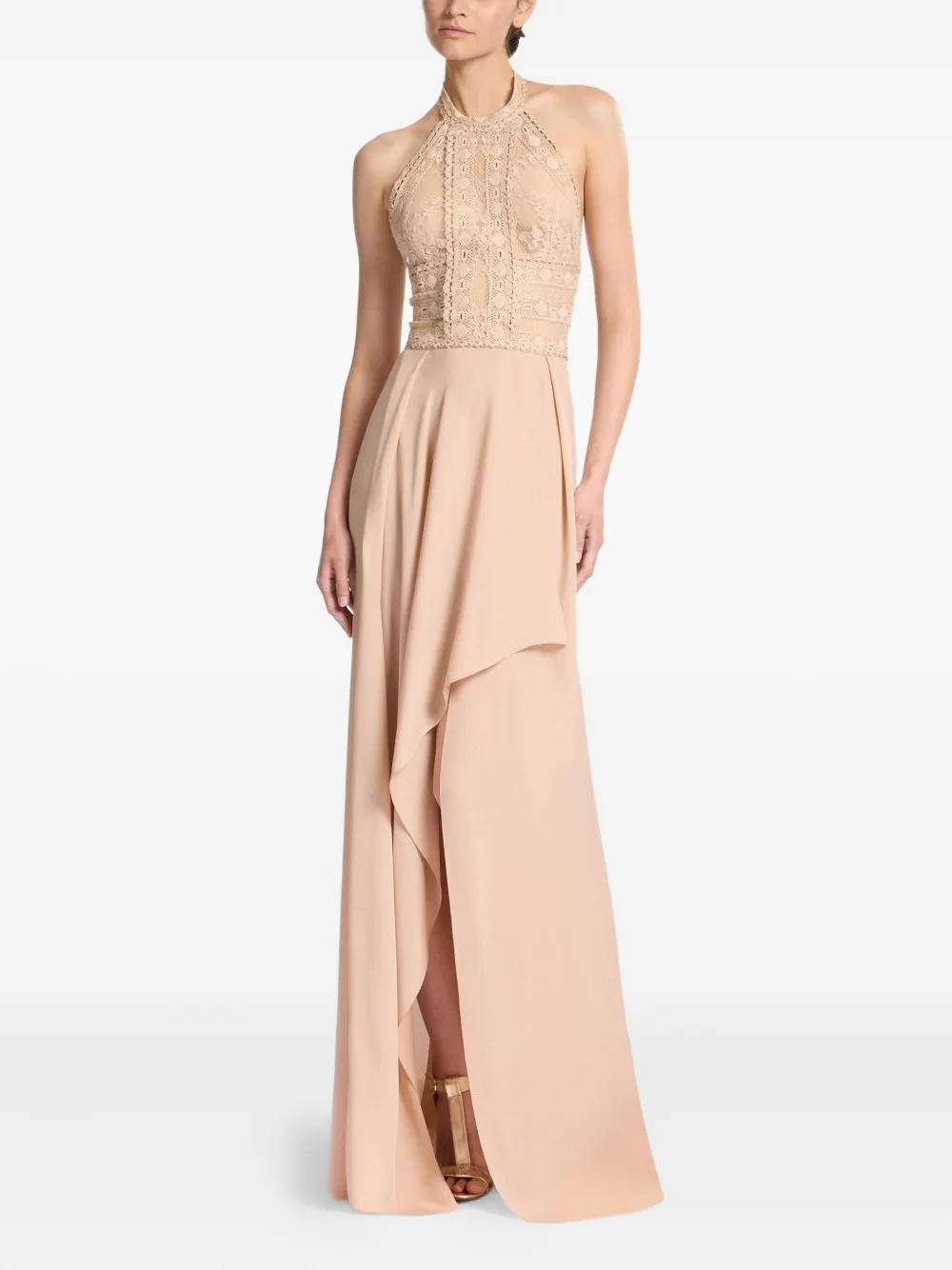 

Платье на шее-халтер с кружевными вставками Elie Saab, нейтральный