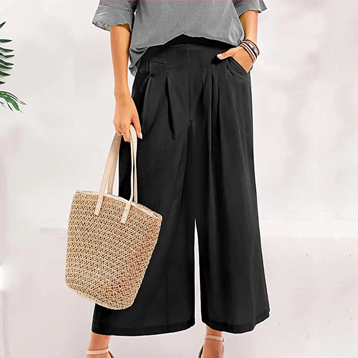 Generic Женские кюлоты Cotton Linen широкие палаццо с эластичной талией, прямые черные брюки капри — фото 2