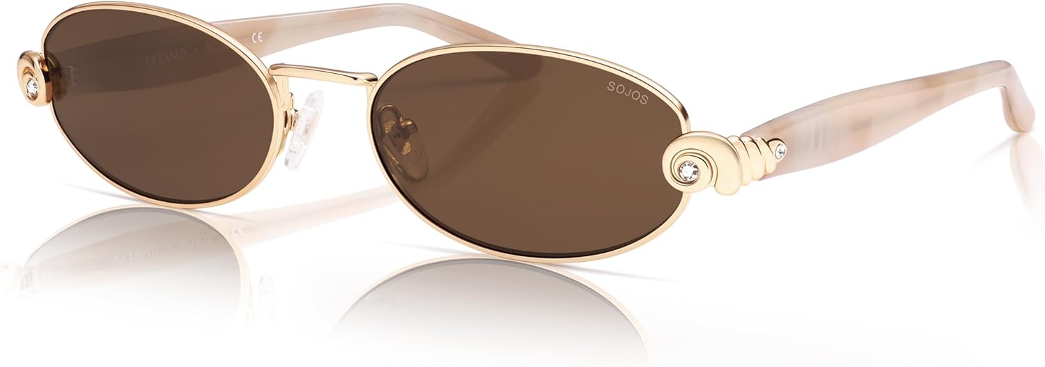 

Солнцезащитные очки SOJOS Acetate Oval Limited Edition для женщин, винтажный стиль, отделка из ракушек и бриллиантов, элегантные солнцезащитные очки, Lovelace, Gold/Light Brown