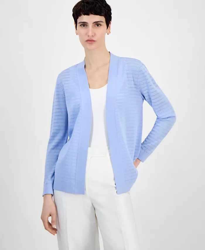 

Укороченный прозрачный кардиган с полосками и открытой застежкой Petite Sheer Striped Open-Front Cardigan Sweater Anne Klein, синий