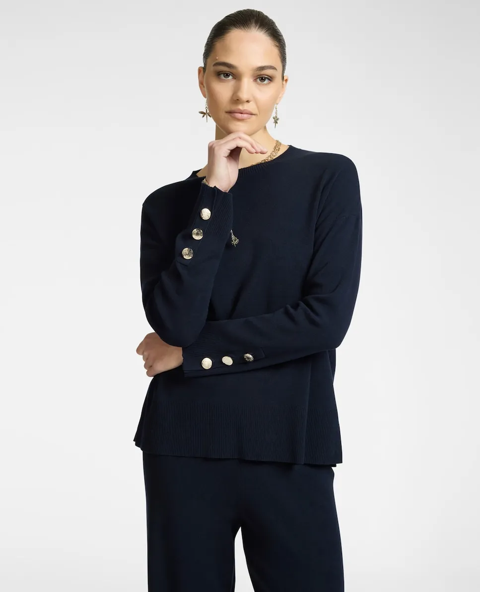 

Женский джемпер с пуговицами на манжетах и высоким ребристым узором по подолу Elena Miró, темно-синий