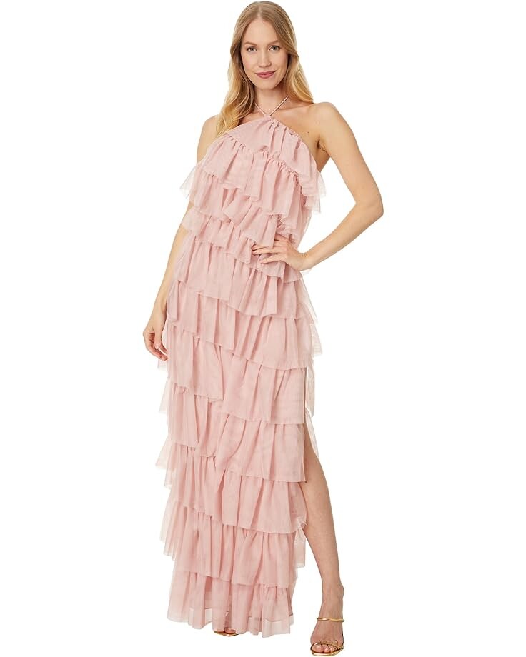 

Платье Betsy & Adam Long Mesh Multi Tier Tie Neck, цвет Blush