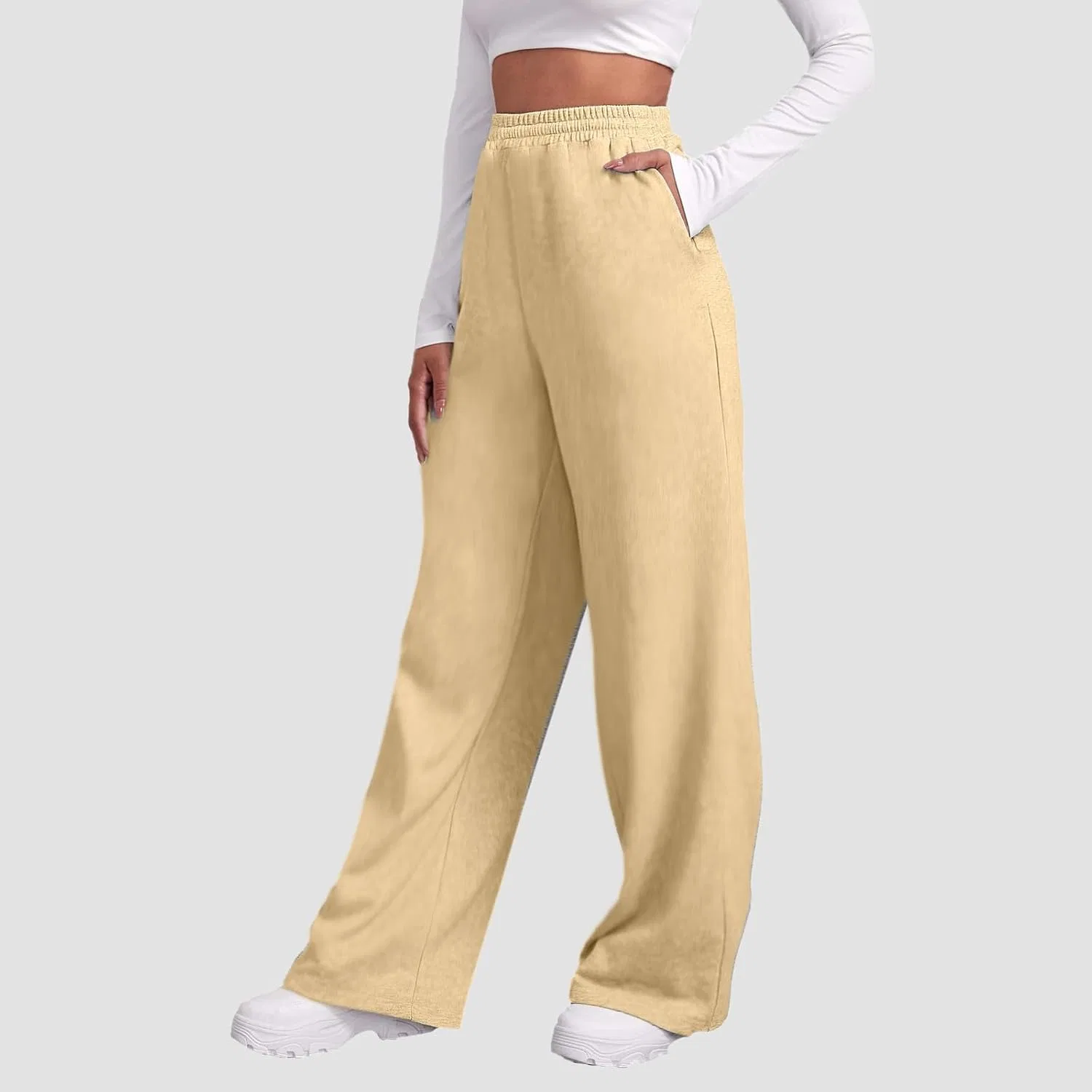 Женские широкие спортивные брюки на завязках, Khaki — фото 3