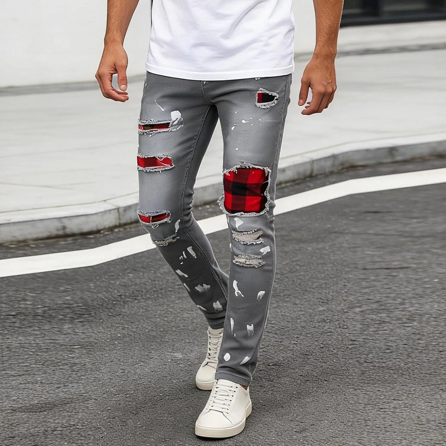 Джинсы, потертые, Slim Fit, серые — фото 4