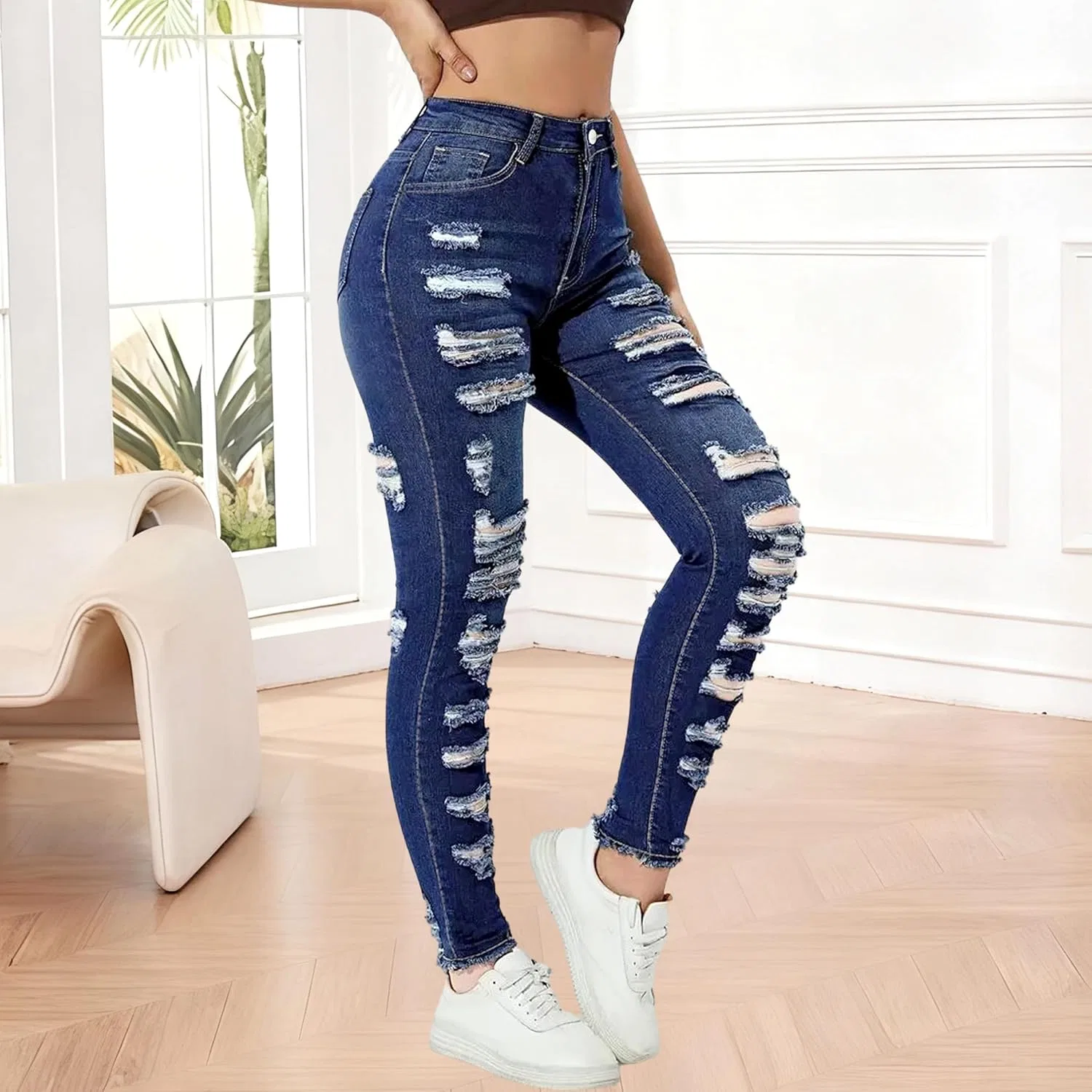 Джинсы скинни High Waist, темно-синий — фото 3