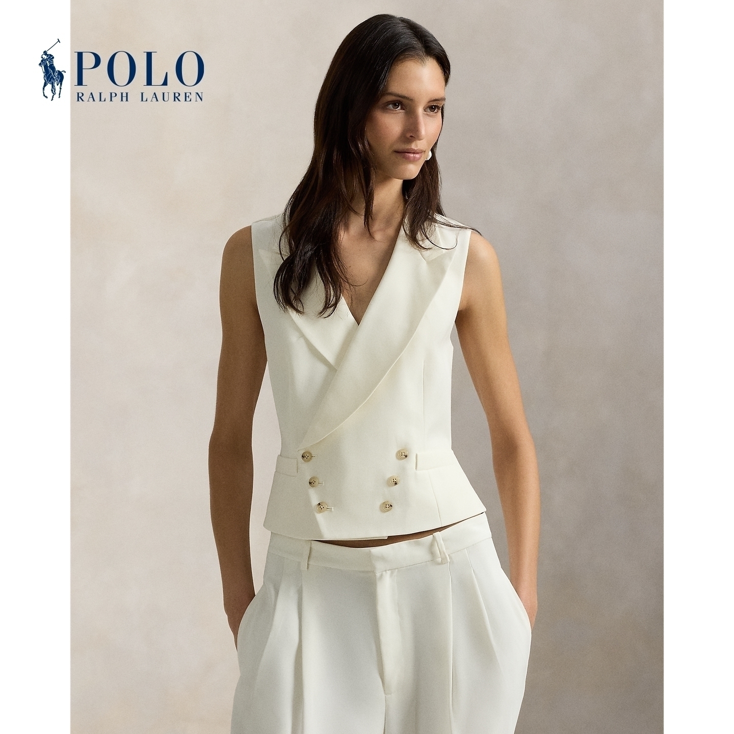 Polo Ralph Lauren Женский жилет бежевого и желтого цвета с лацканами, деловой костюм средней строгости — фото 4