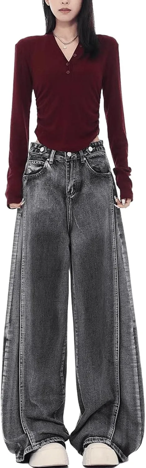 

Американские ретро джинсы с черным градиентом и изогнутым дизайном, женские широкие брюки прямого кроя UICIOP