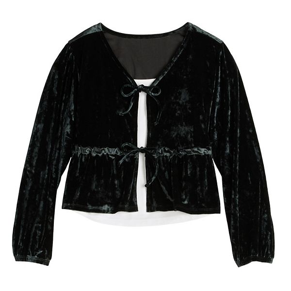 

Детская блузка с запахом из бархата, размеры 6-20, regular и plus So, Black Luxe