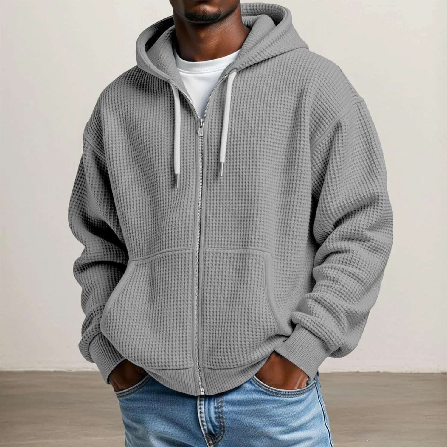 Толстовка с капюшоном Zip Up, оверсайз, из вафельной ткани — фото 2
