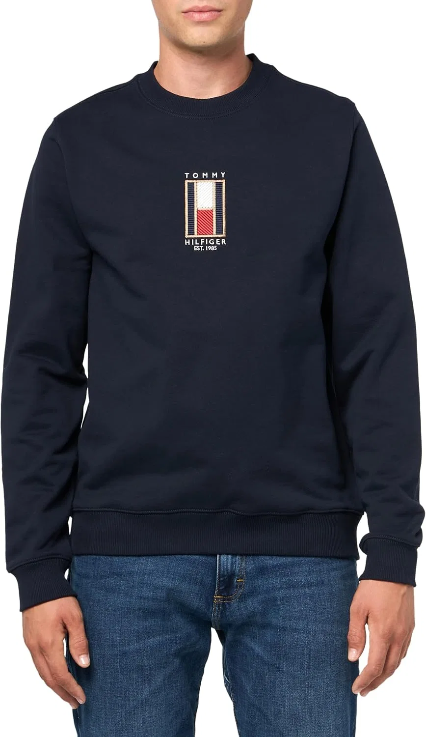 Мужская толстовка Tommy Hilfiger средней плотности с круглым вырезом и вертикально вышитым логотипом в виде флага