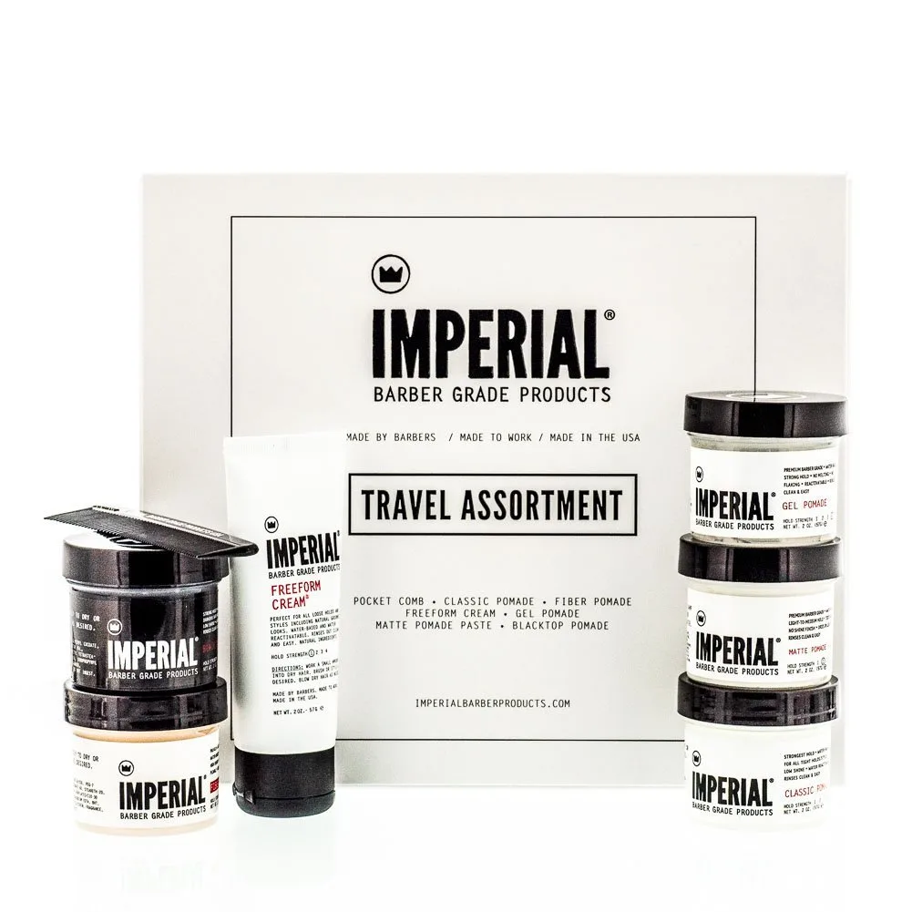 Подарочный набор Imperial Barber для путешествий: классическая помада для волос, помада с фибровым наполнителем, гель и помада Blacktop, матовая помада-паста, крем Freeform, расческа.