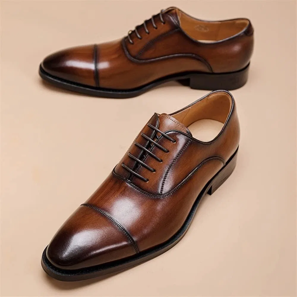 Туфли Kleid Oxford Schuhe für Männer Schnürmütze rund gebrannte Zehenleder Leder Schlupffest Block Heel Low Top Non Slip Classic Generic, Braun — фото 3