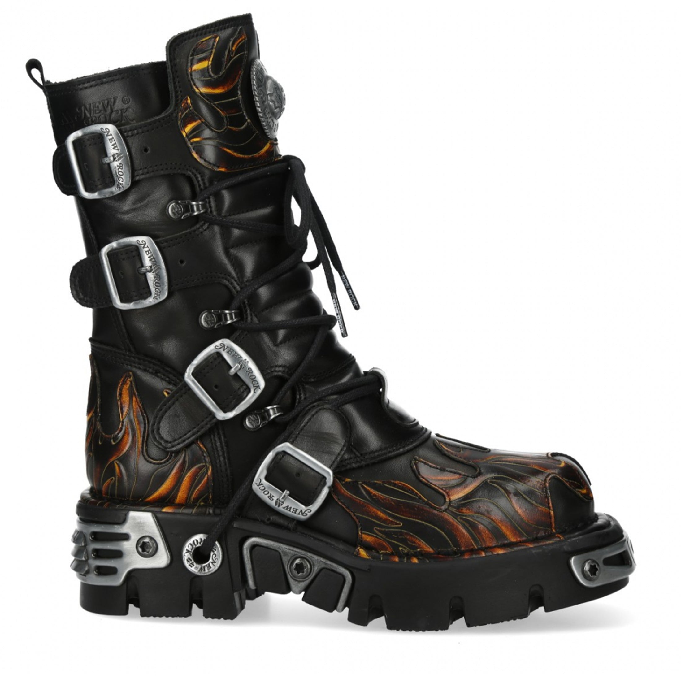 Новые готические ботинки Mid-Calf High Black Flame Leather Metallic от New Rock M-591-C58