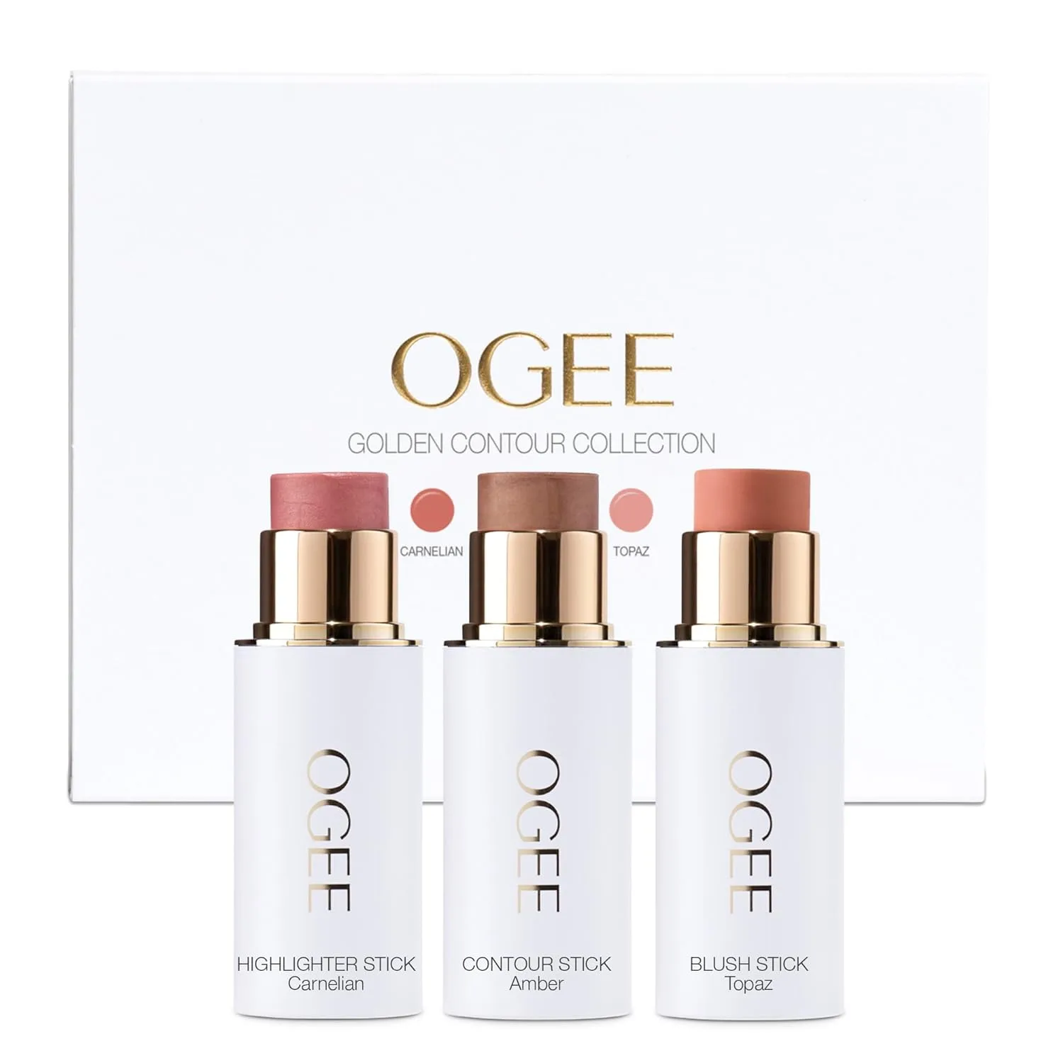 Набор Ogee Face Stick Trio - Golden Contour Stick Makeup Collection - Сертифицированный органический бронзер, румяна и хайлайтер для безупречного макияжа, TRIO - GOLDEN CONTOUR COLLECTION - AMBER, TOPAZ, CARNELIAN
