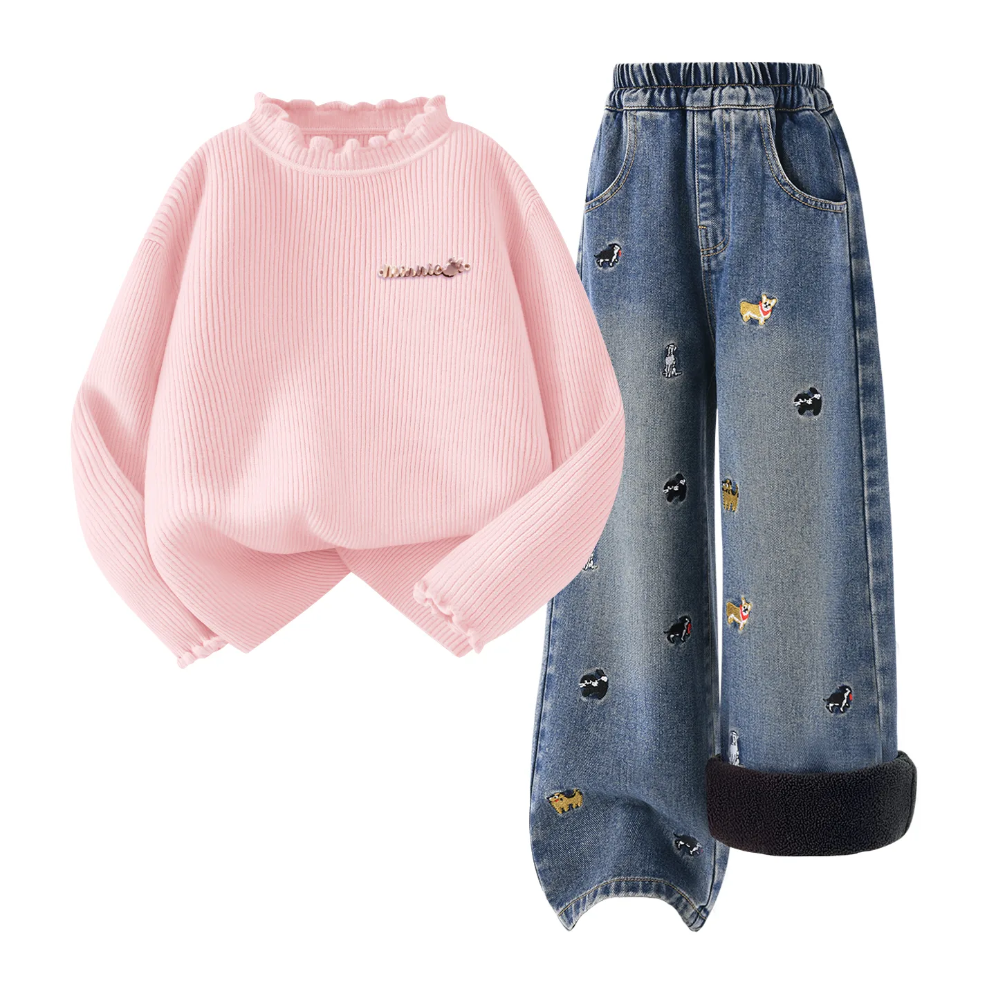 Детский спортивный костюм с круглым вырезом Disney, [Thickened and Fleece-Lined]Di-Chang Metal Label K Dream Pink+Solid Color Denim Blue